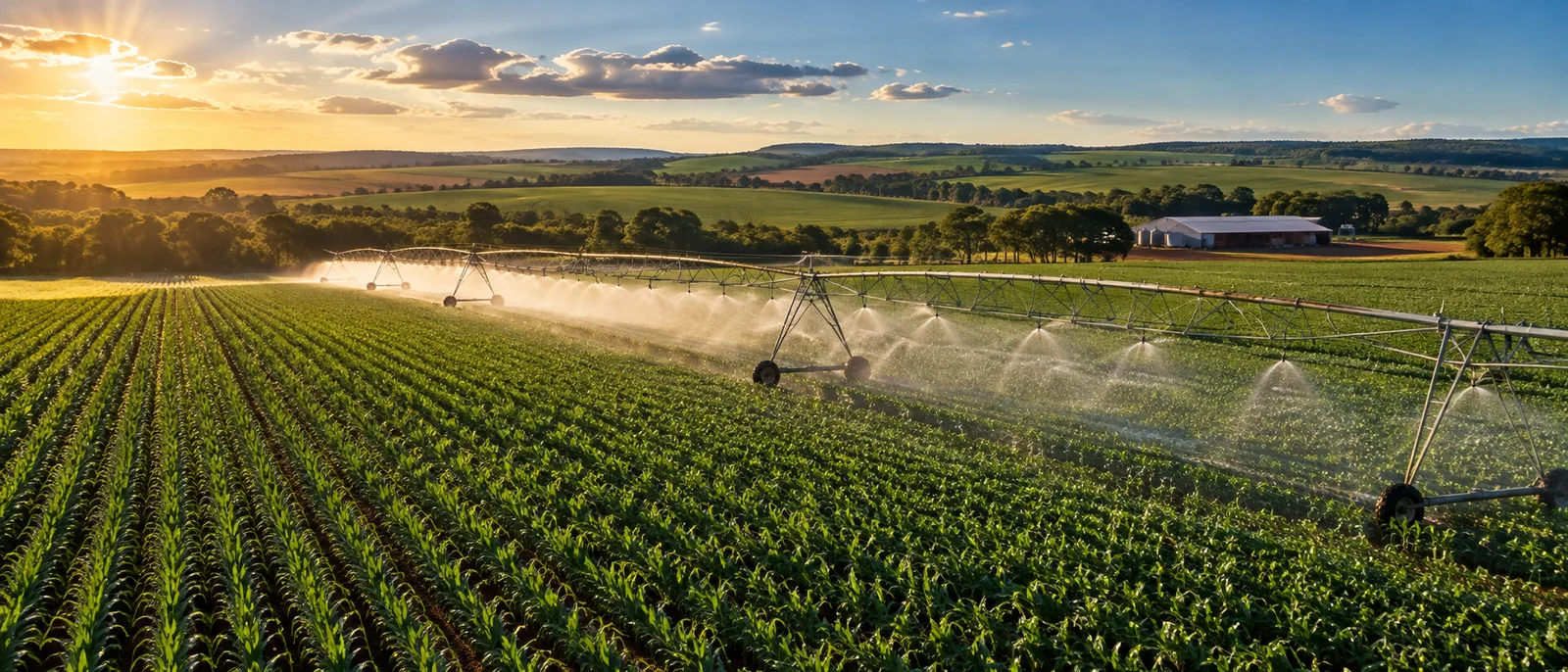 Lavoura irrigada por aspersores em uma fazenda