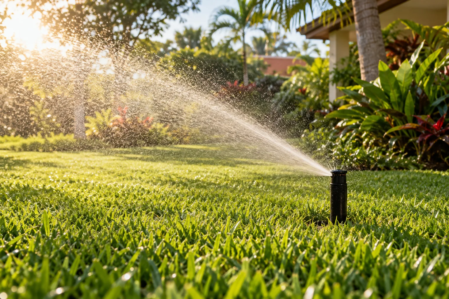 Aspersor distribuindo água sobre um jardim verde ao sol da manhã